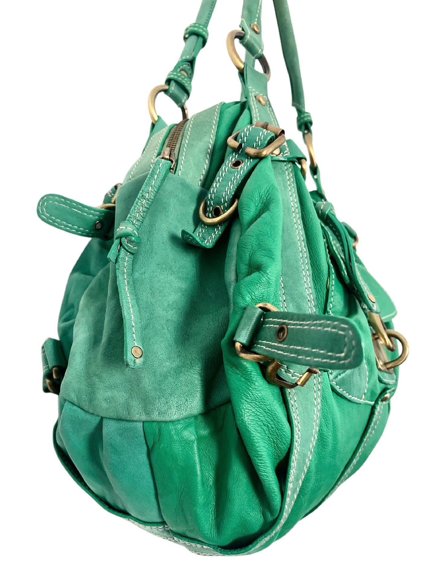 Sac à Main Fourre-Tout en Cuir Vert Turquoise — Format Medium — Style Vintage / Bohème