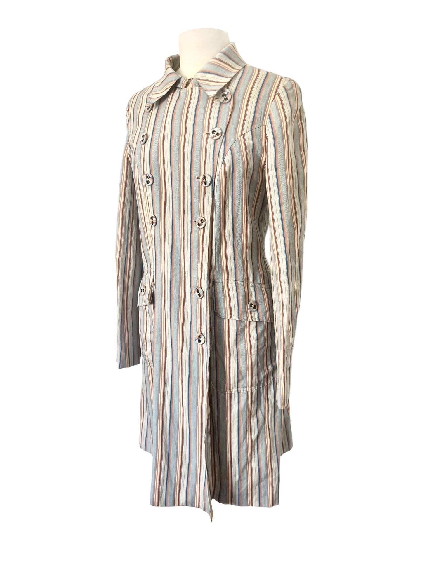 Manteau Long Léger à Rayures Pastel et Col Structuré — taille 38/40 — bohème chic / créateur