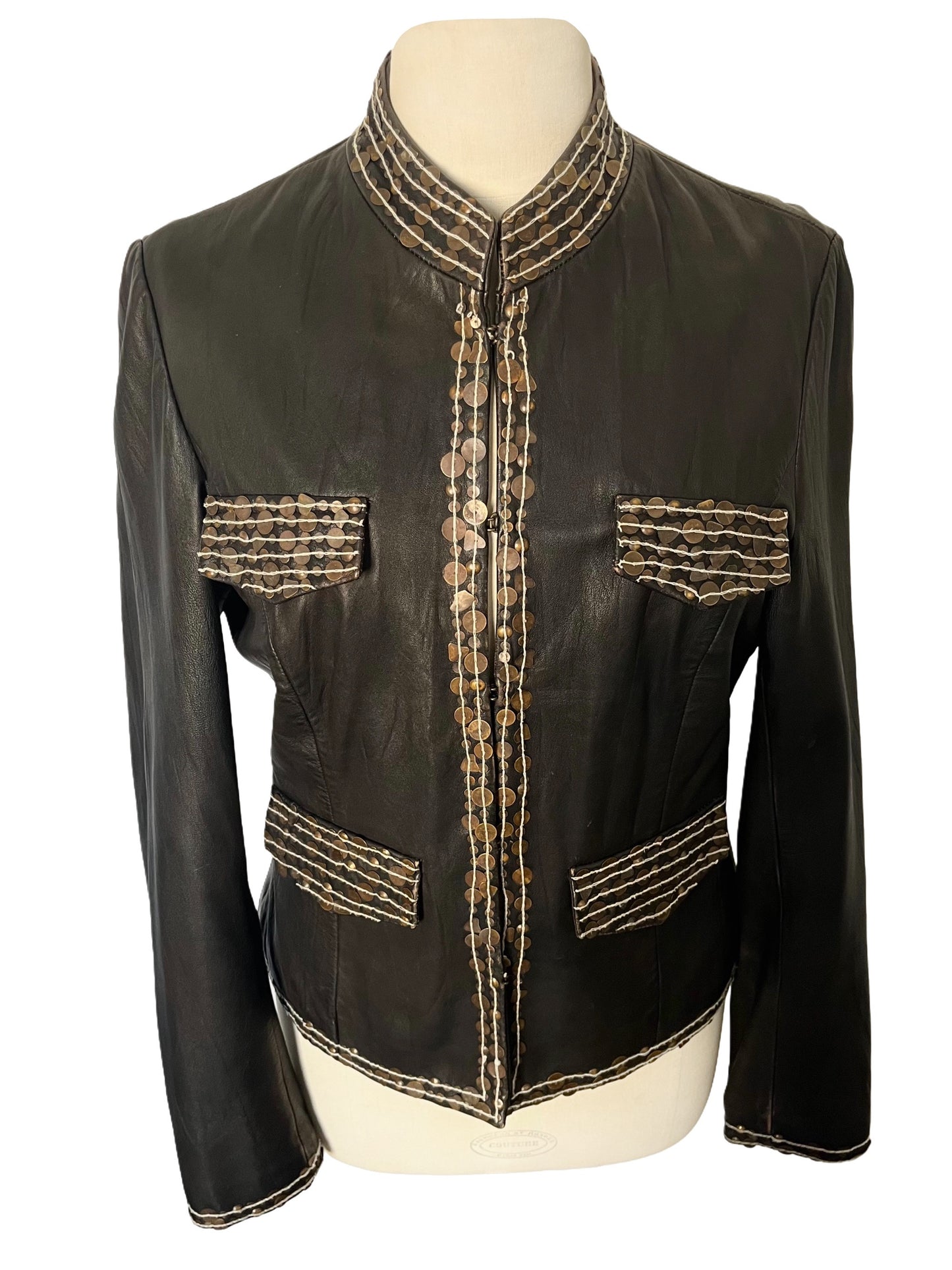 Veste En Similicuir Marron À Broderies & Sequins Mordorés (Made In India) — Taille 42/44