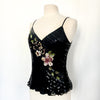 Top vintage noir à fines bretelles 100% soie, broderies perlées et sequins – Taille 38/40