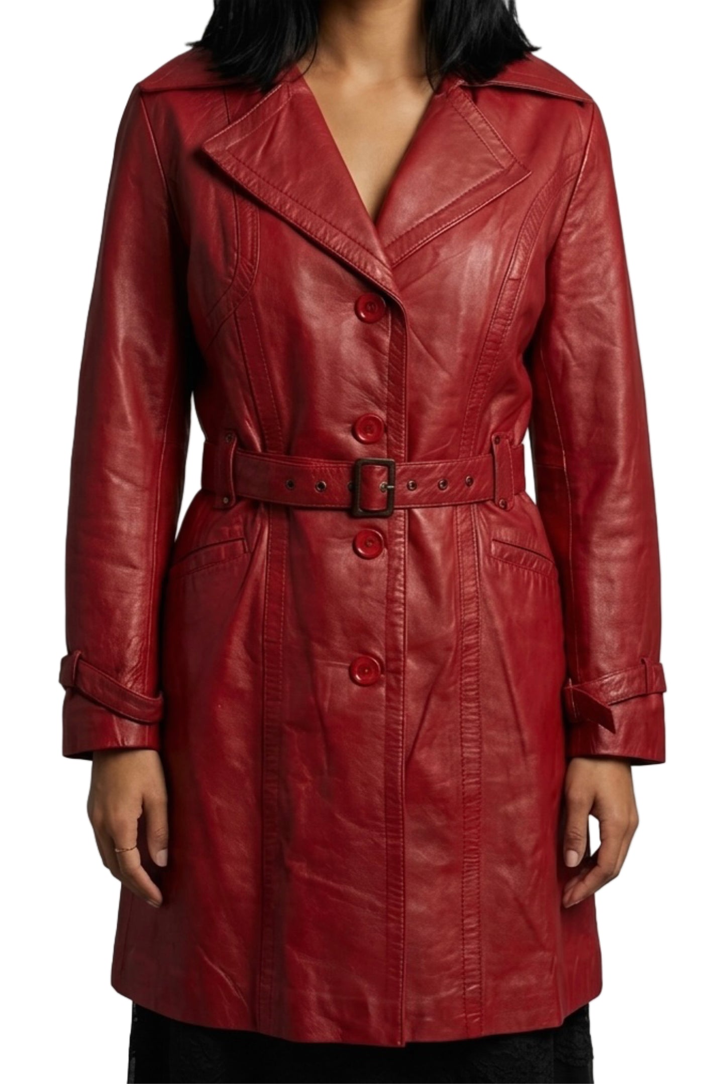 Manteau long vintage en cuir rouge style trench — (neuf avec étiquette) — taille 40/L