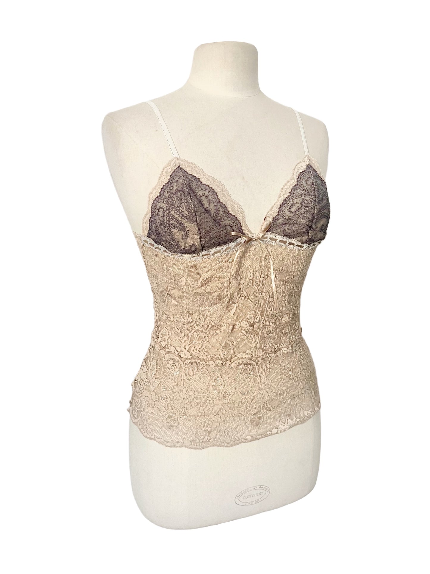 Top Lingerie Dentelle Bicolore Vintage Y2K - Fines Bretelles - Taille 38/40 (M/L)