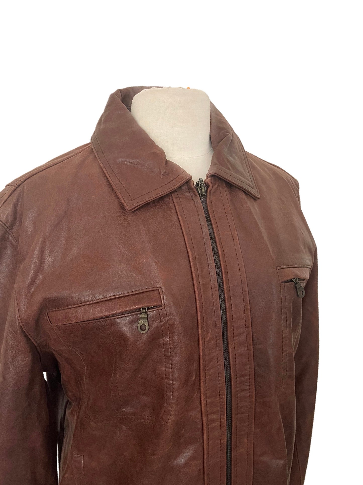 John – Veste vintage unisexe en cuir véritable marron patiné, taille XL