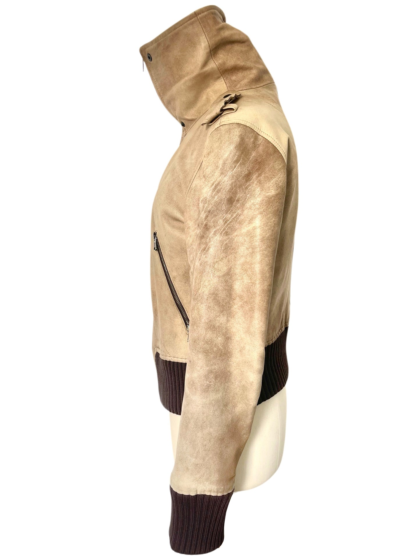 Blouson Aviateur Vintage Cuir Beige Patiné Col XXL — T. 40/42 (46 IT) — Made in Italy