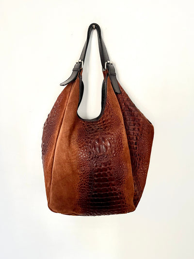 Sac à main / Shopping bag vintage en cuir effet croco marron caramel ( SOLD OUT )