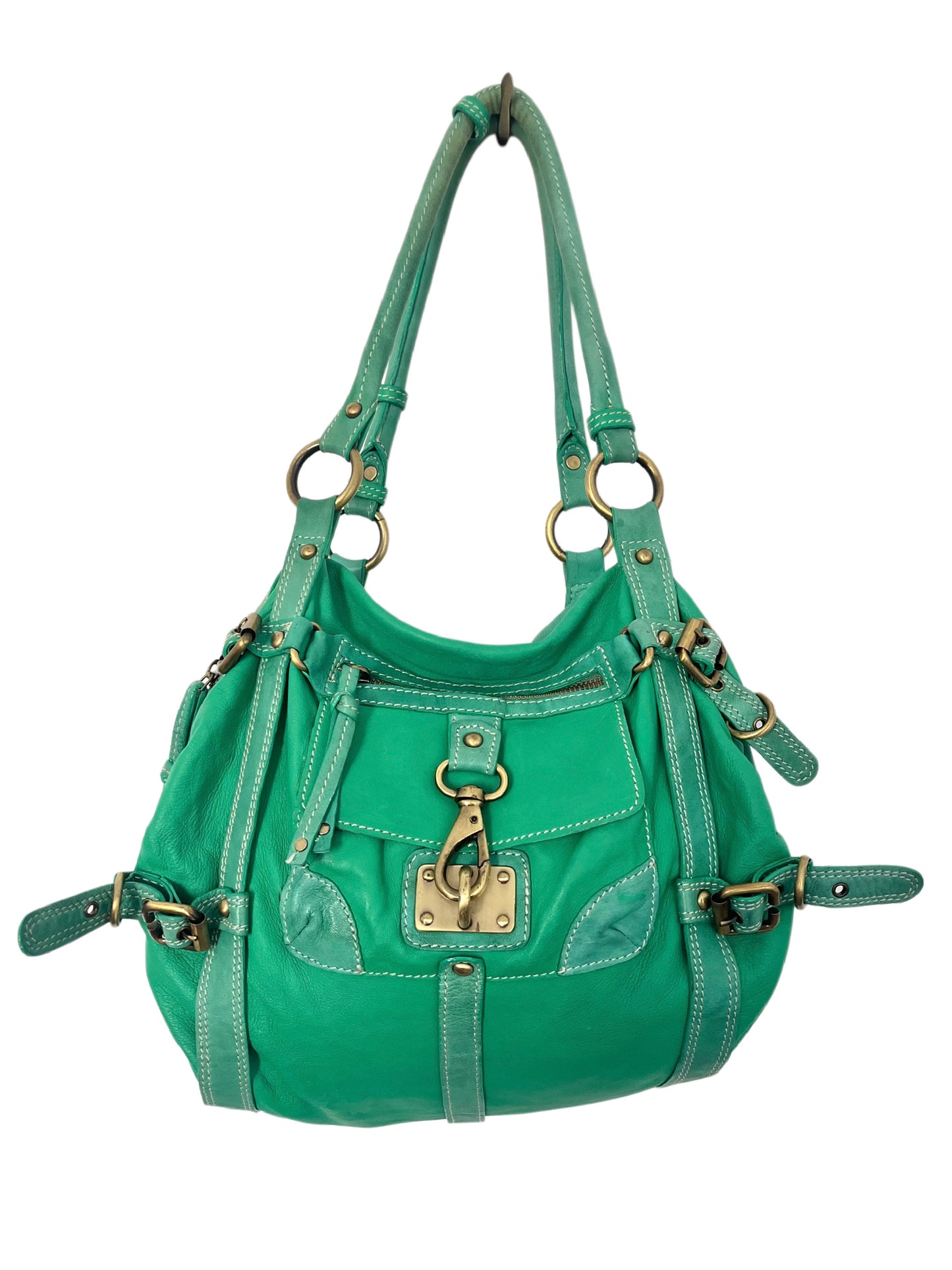 Sac à Main Fourre-Tout en Cuir Vert Turquoise — Format Medium — Style Vintage / Bohème