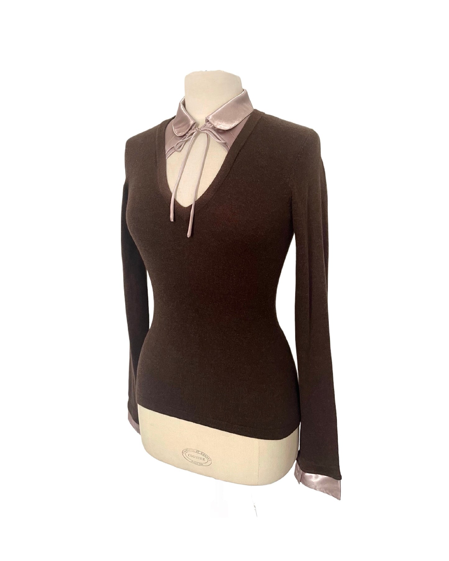 Pull fin vintage à col en soie rose parme - Taille 38