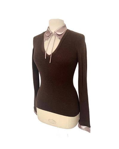 Pull fin vintage à col en soie rose parme - Taille 38
