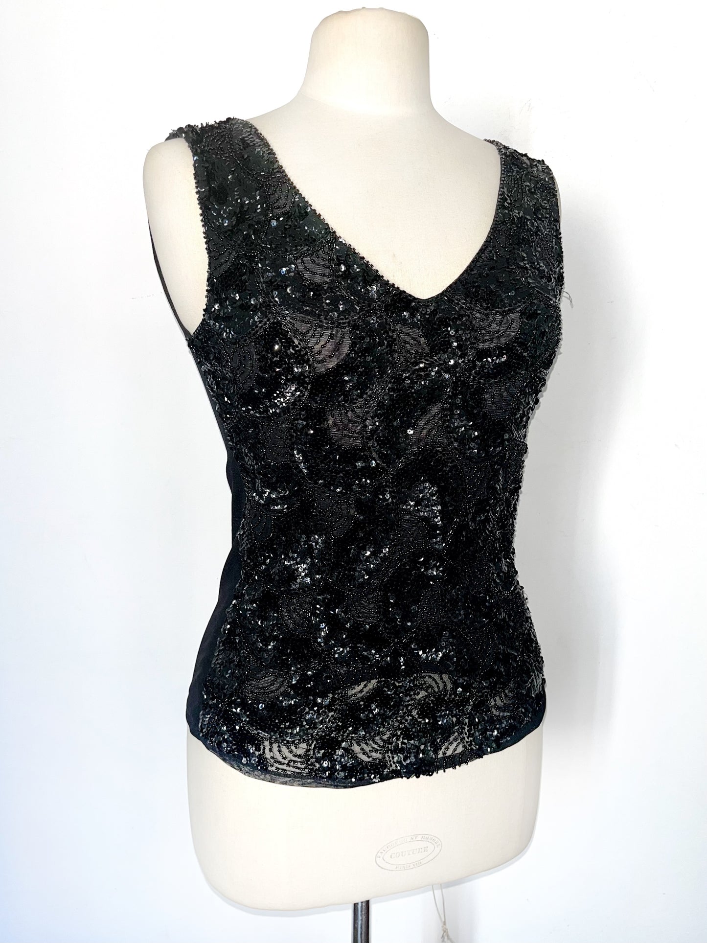 Top vintage en mesh noir brodé sequins et perles – Taille L/40