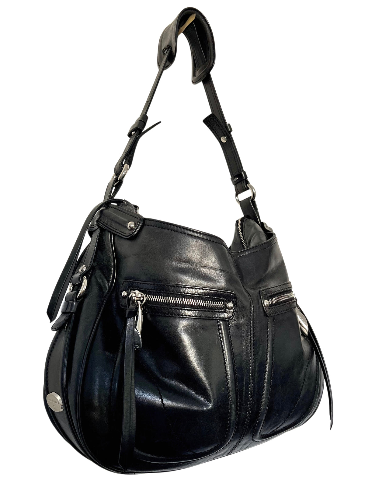 Sac à Main Francesco Biasa Demi-Lune Vintage en Cuir Lisse Noir — Bijouterie Argentée — Made in Italy