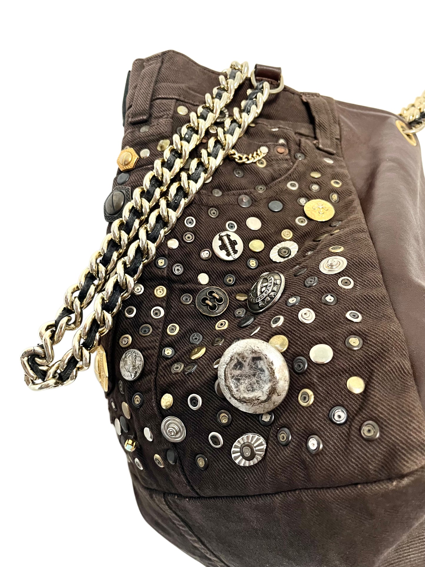 Grand sac bi-matière cuir & denim clouté — Très bon état — Format XL