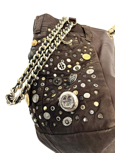 Grand sac bi-matière cuir & denim clouté — Très bon état — Format XL