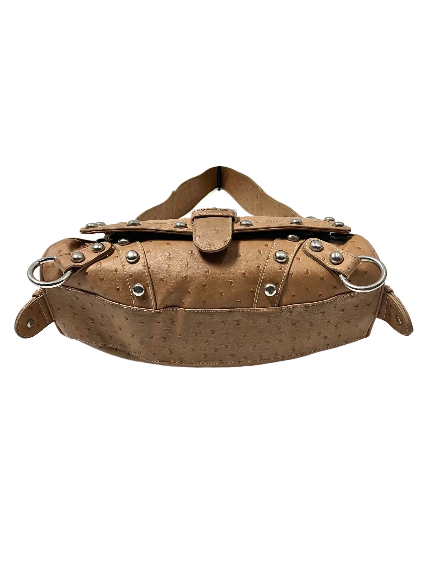 SAC BAGUETTE VINTAGE EFFET CUIR D’AUTRUCHE — DÉTAILS RIVETS ARGENTÉS — FORMAT MÉDIUM