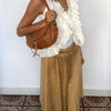 Jupe vintage asymétrique camel en matière peau de pêche – Taille 40