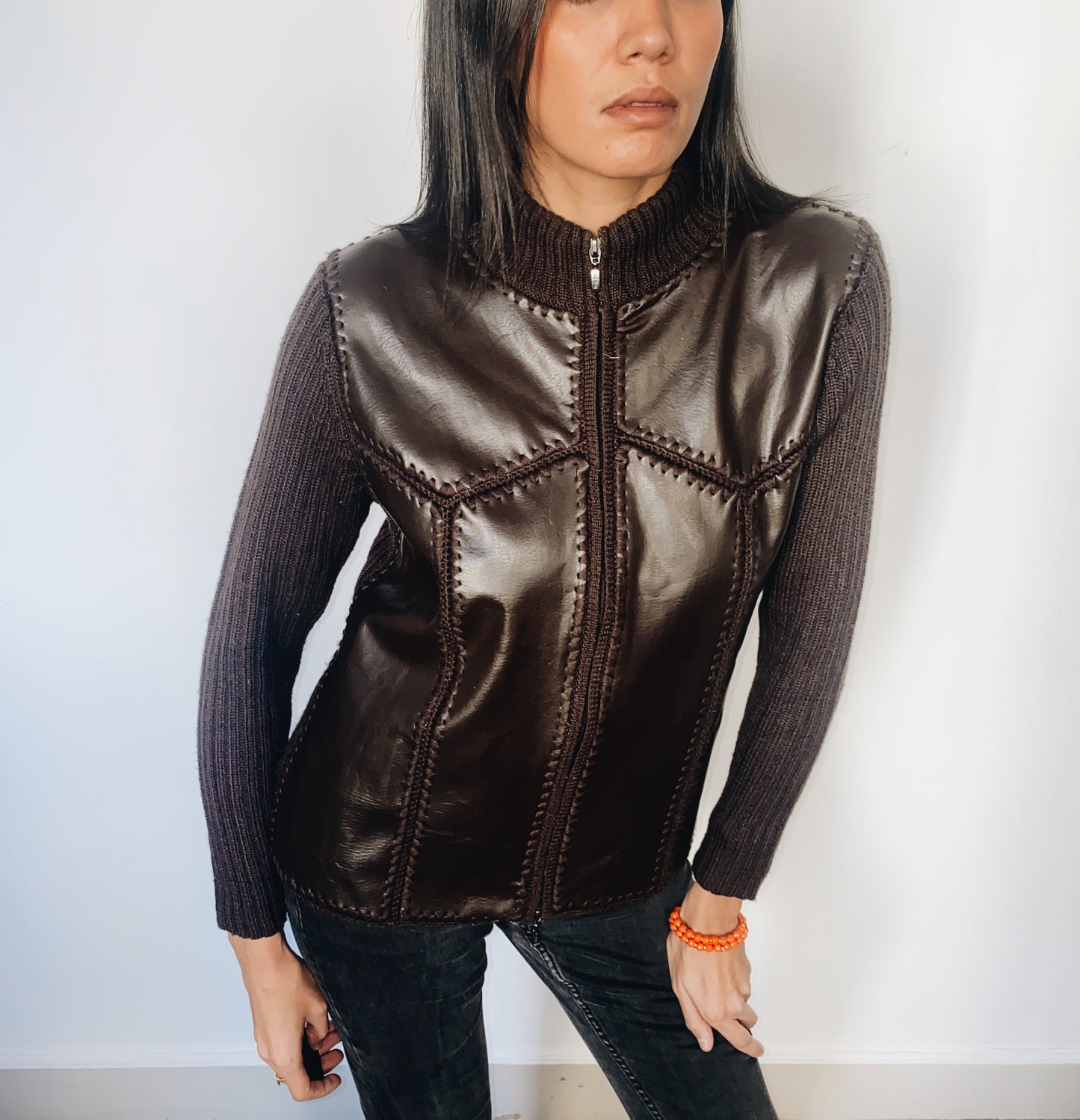 GILET MARRON BI-MATIEÈRE LAINE ET CUIR