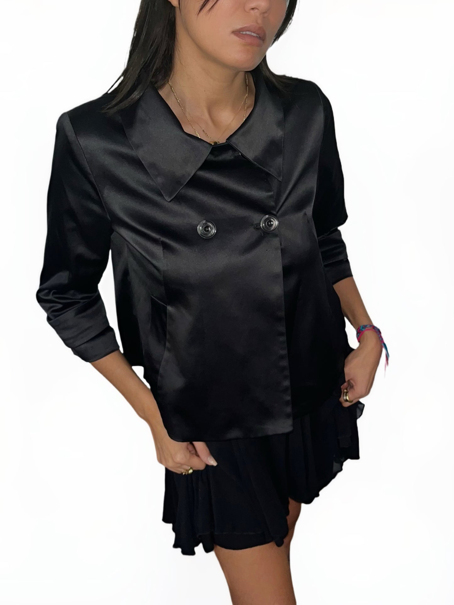 VESTE VINTAGE CABAN COURT EN SATIN NOIR - (MADE IN SPAIN) - TAILLE 38/40