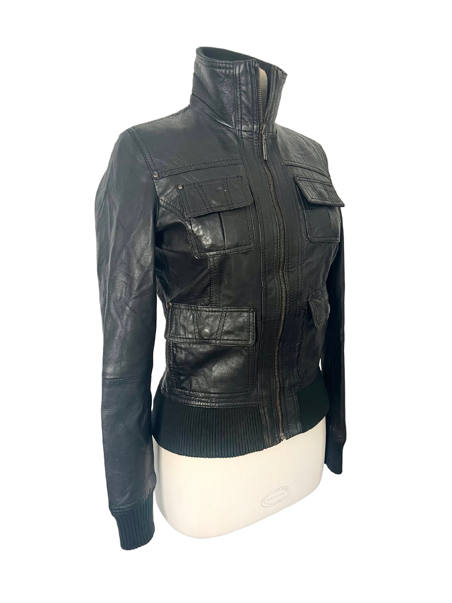 ASHLEY - Blouson vintage en cuir véritable noir – Taille 38