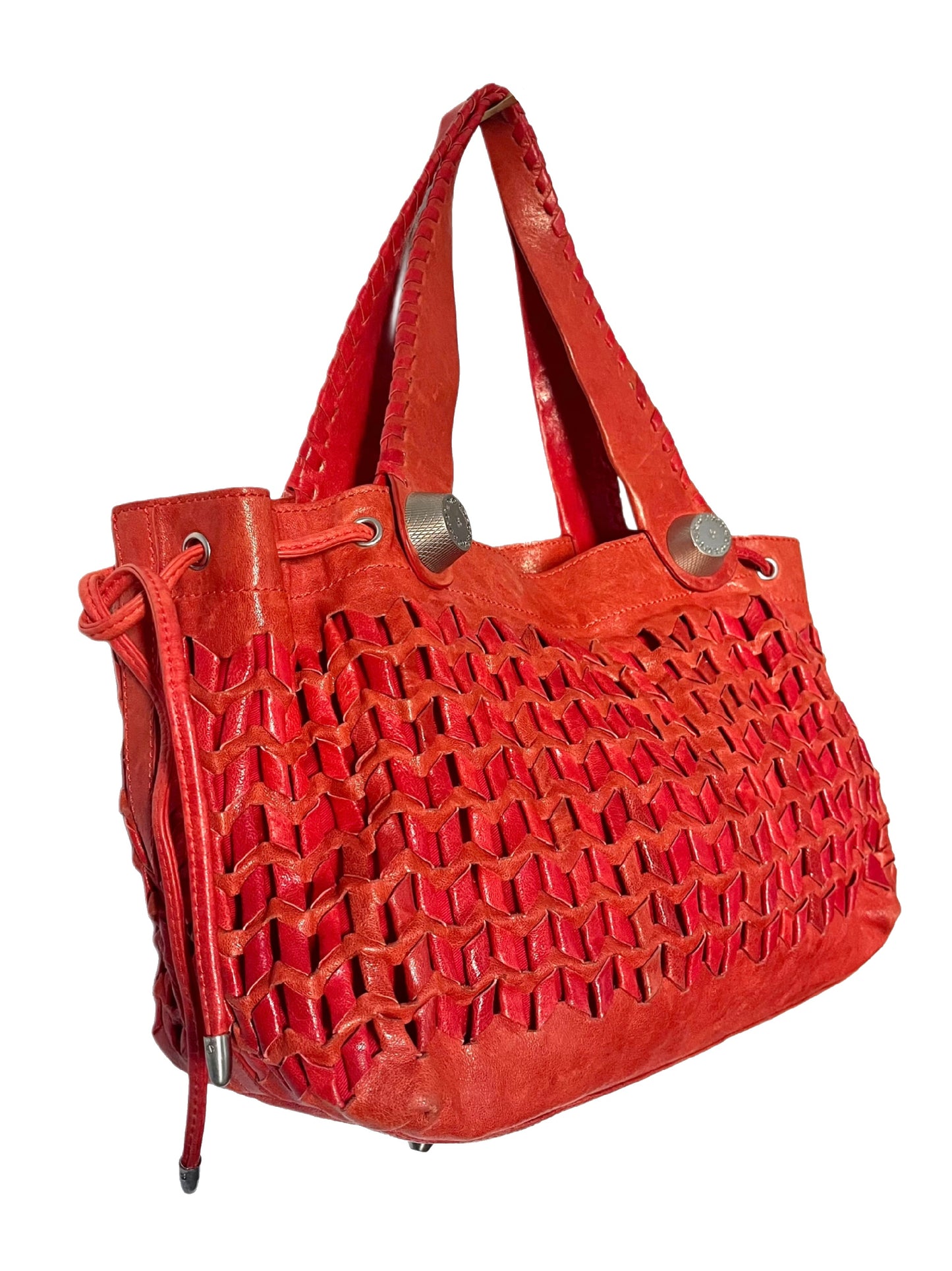 SAC CABAS VINTAGE EN CUIR TRESSÉ ROUGE - ABRO ( MODÈLE RARE )