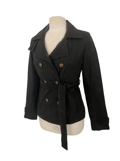 Lara – Veste caban vintage en cuir nubuck noir mat avec ceinture, taille 38