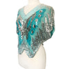 Top Vintage Papillon en Soie Turquoise & Sequins Argentés — taille 38 — Y2K / Glamour / Pièce de Fête