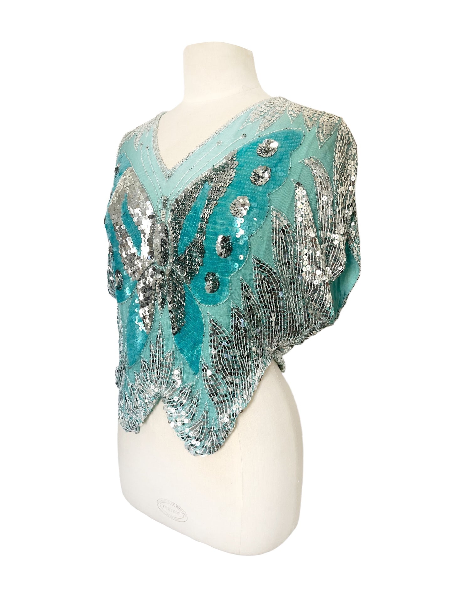 Top Vintage Papillon en Soie Turquoise & Sequins Argentés — taille 38 — Y2K / Glamour / Pièce de Fête