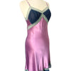 Robe Midi Style Nuisette Satin Violet Parme & Voile Plissé Bleu Marine — Dentelle Vert d'Eau — T. 38