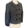 Veste Courte Style Caban Gris Anthracite Col Claudine & Poignets Gemmes Noires — T. 38