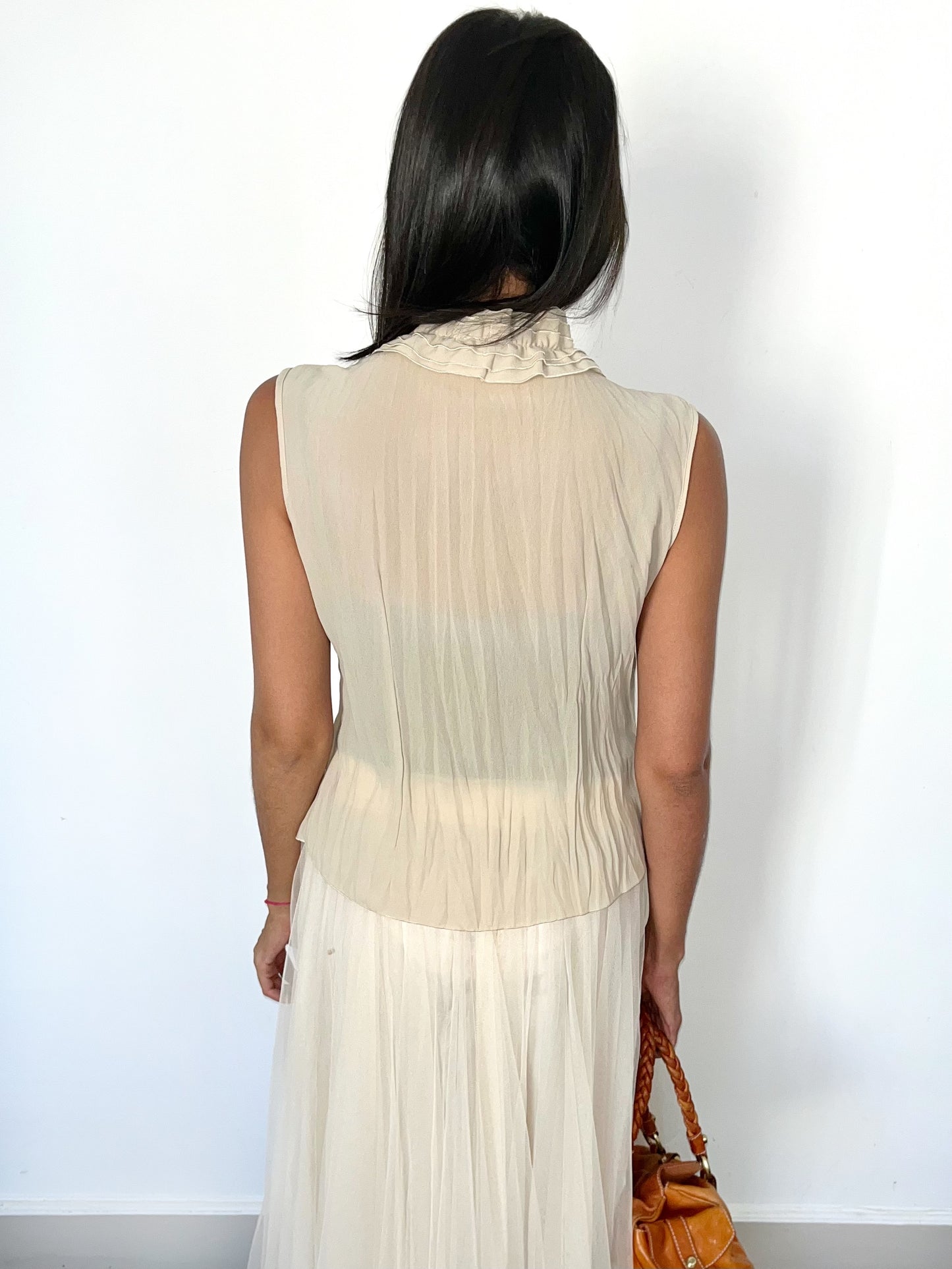 Top vintage sans manches beige taupe à volants – Taille 42