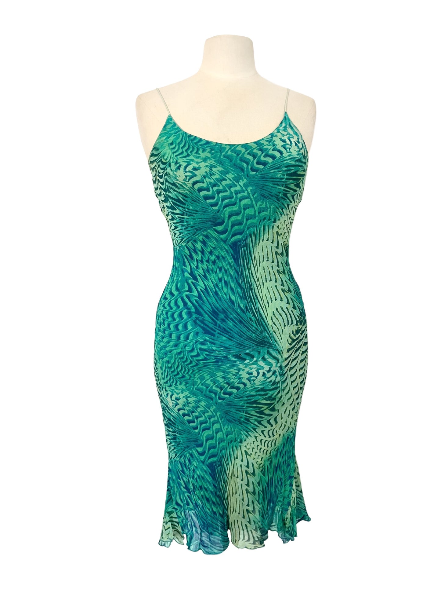 Robe à Fines Bretelles et Motifs Psychédéliques Turquoise / Vert — taille 36/38 — Pièce Vintage