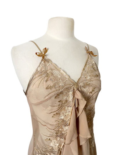 Robe Style Lingerie en Mousseline Beige — 34/36 (XS/S) — Dentelle, Strass & Dos Corset — Style Coquette / Fairycore Y2K