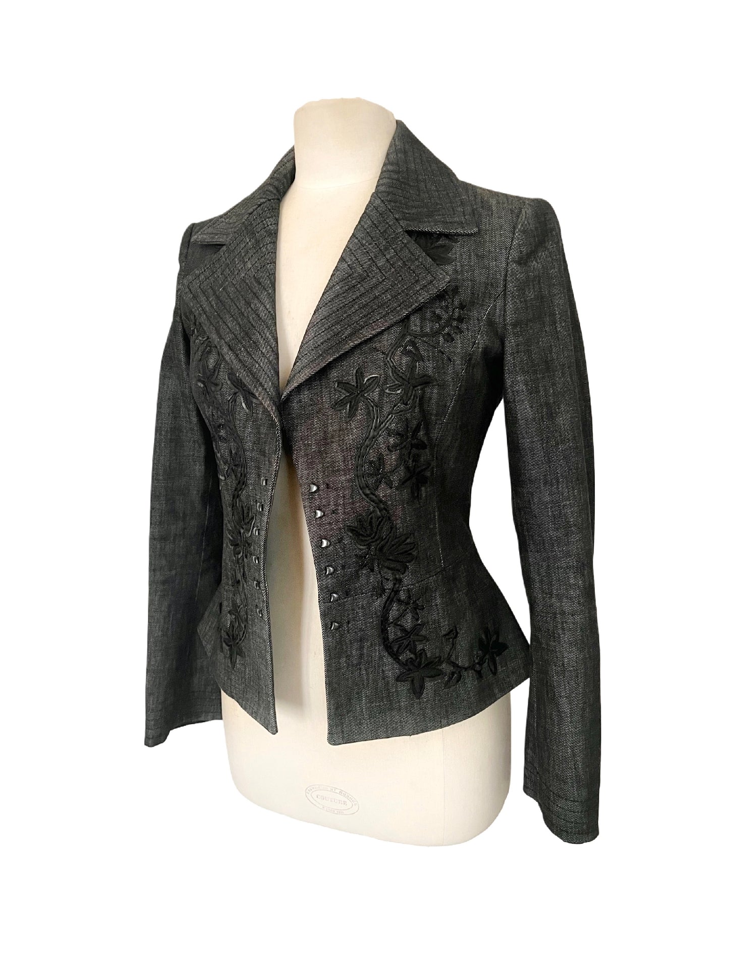 Veste vintage cintrée grise à broderies florales - Coupe structurée - 38/M