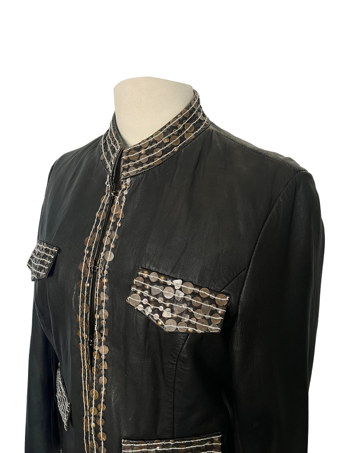 Veste En Similicuir Marron À Broderies & Sequins Mordorés (Made In India) — Taille 42/44
