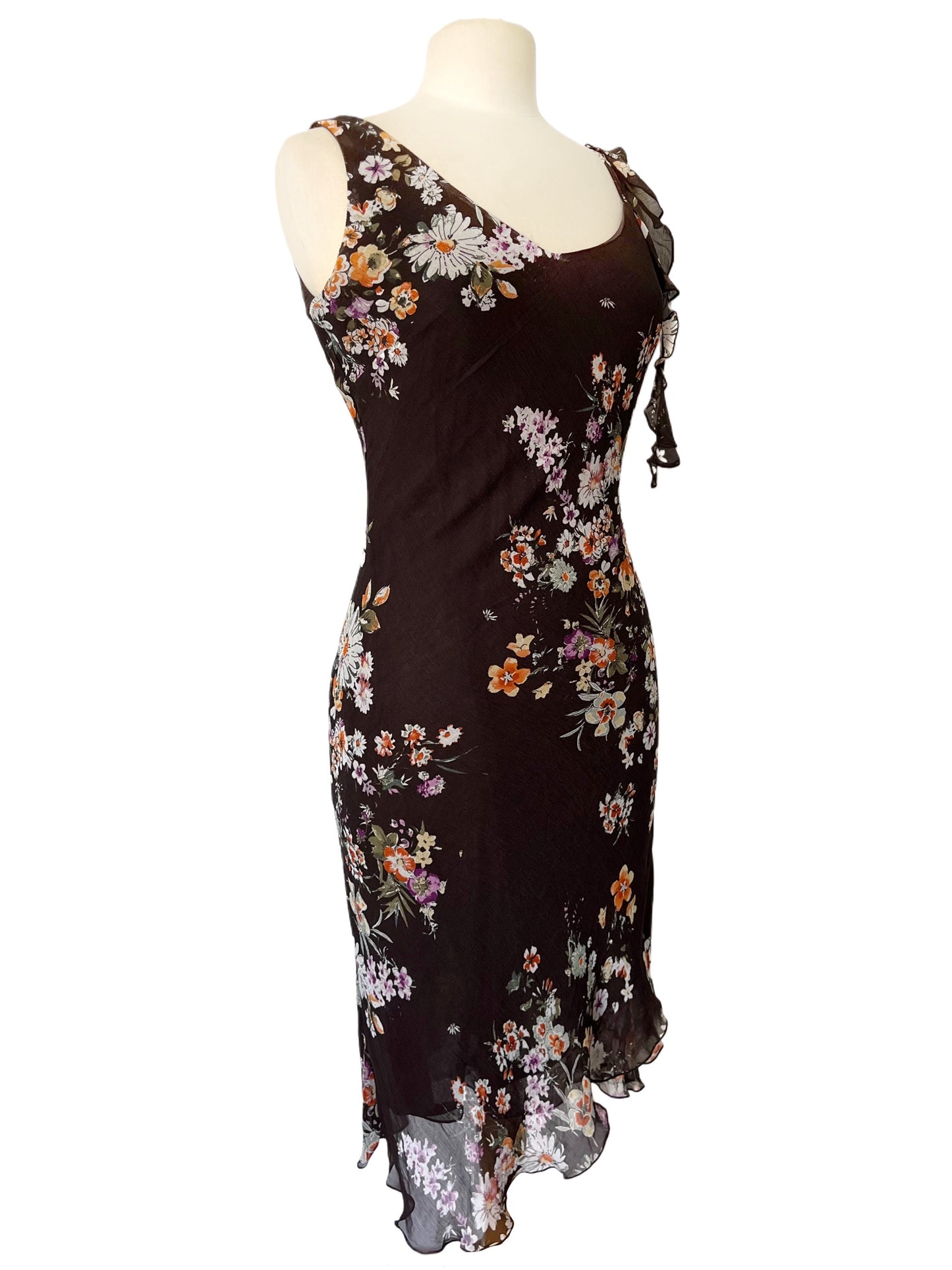 Robe Mi-Longue Fluide et Asymétrique — 38 FR (M) — Imprimé Fleuri Chocolat — Style Romantique Y2K