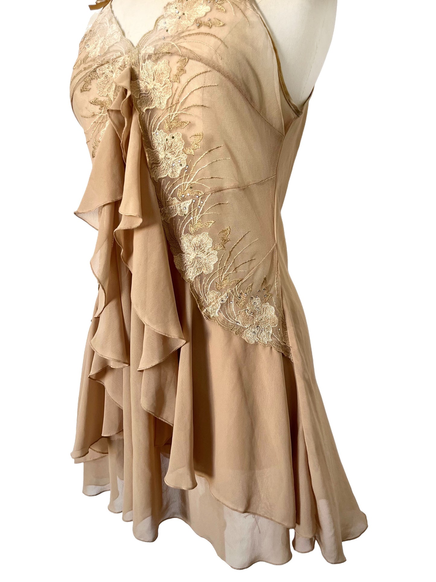 Robe Style Lingerie en Mousseline Beige — 34/36 (XS/S) — Dentelle, Strass & Dos Corset — Style Coquette / Fairycore Y2K