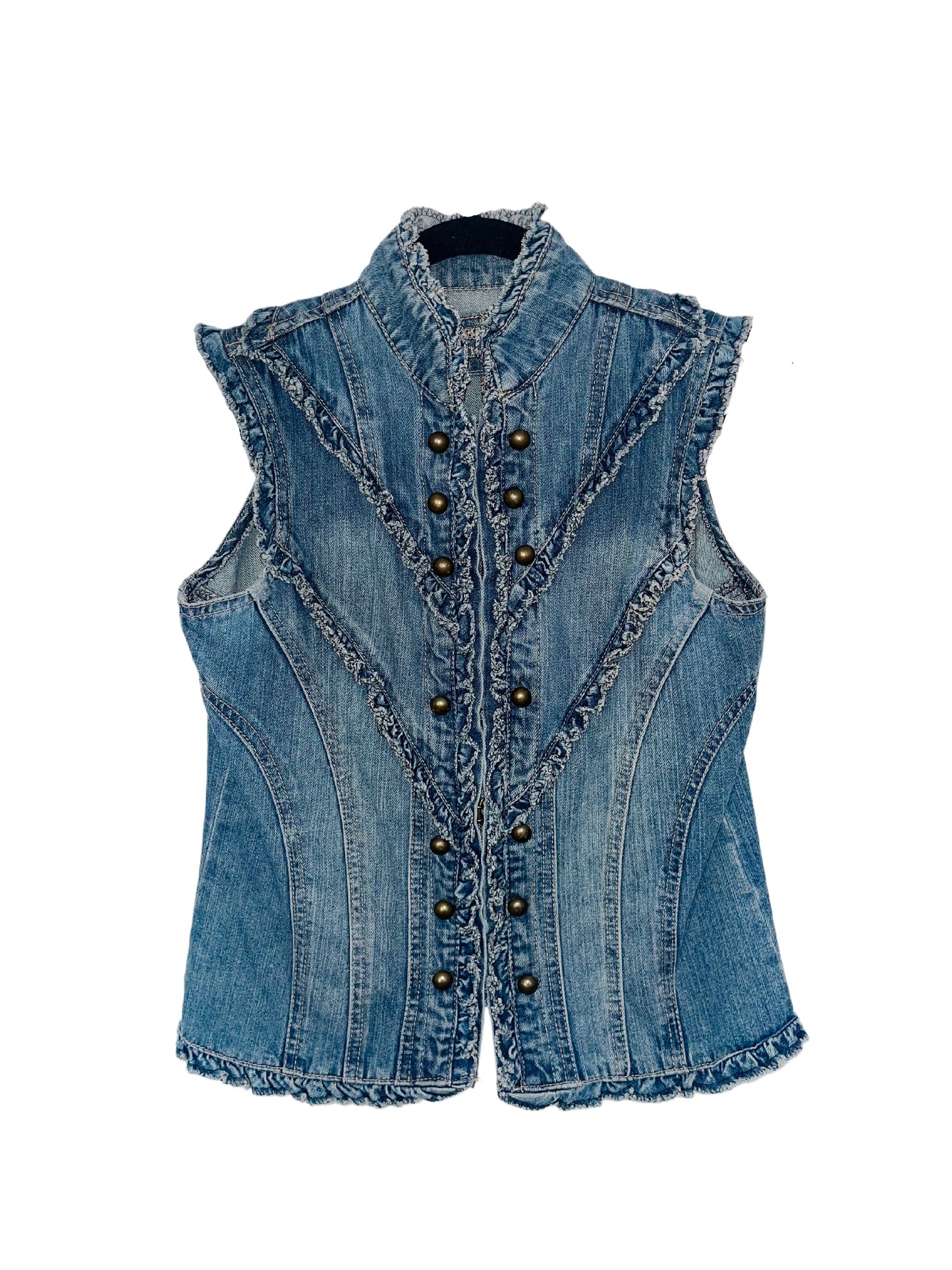 Veste vintage sans manches en jean style officier – Taille 36/38