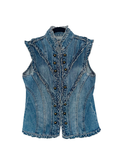 Veste vintage sans manches en jean style officier – Taille 36/38
