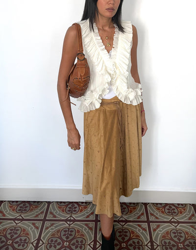 Jupe vintage asymétrique camel en matière peau de pêche – Taille 40