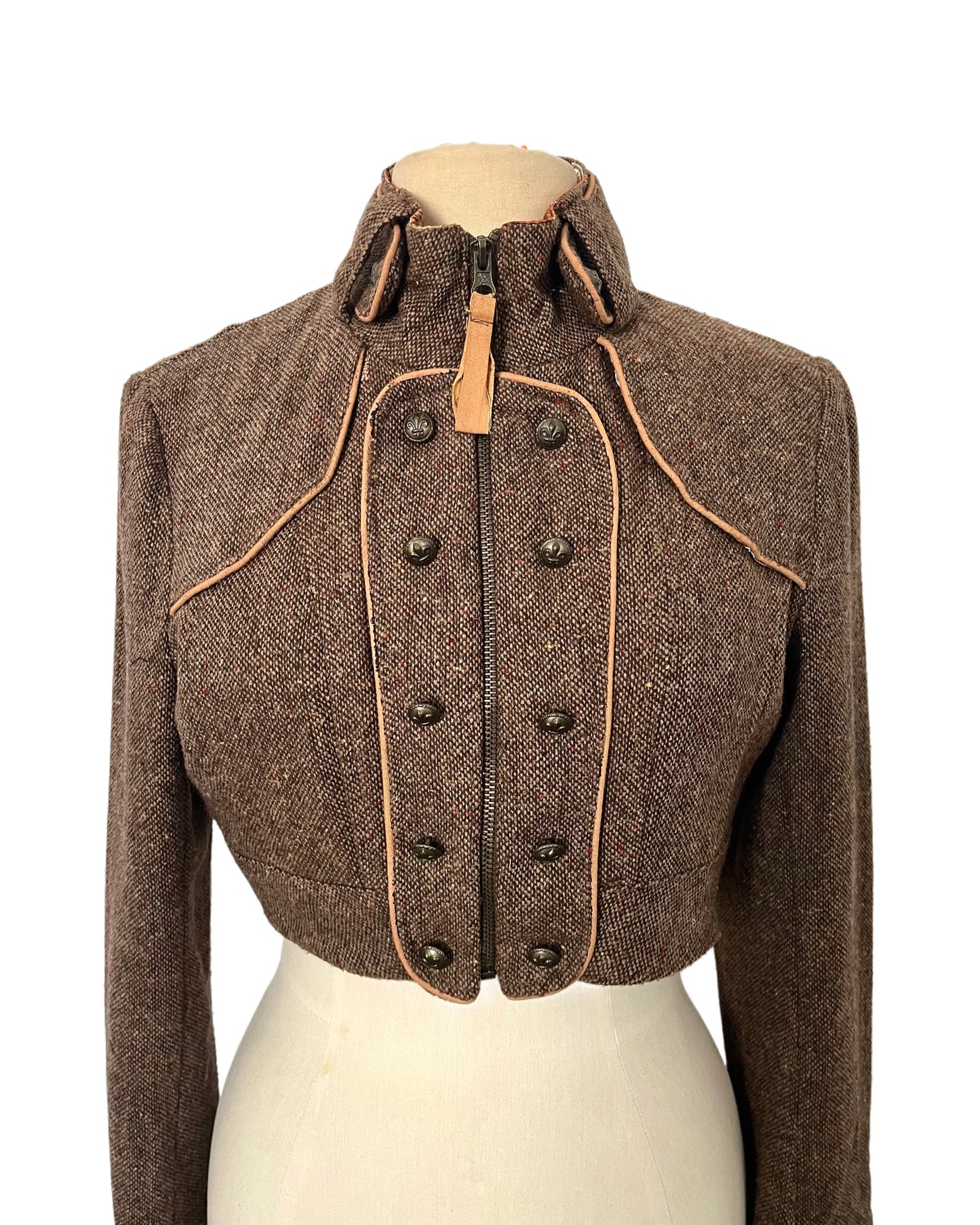 Veste vintage courte style officier en laine mouchetée – Taille L