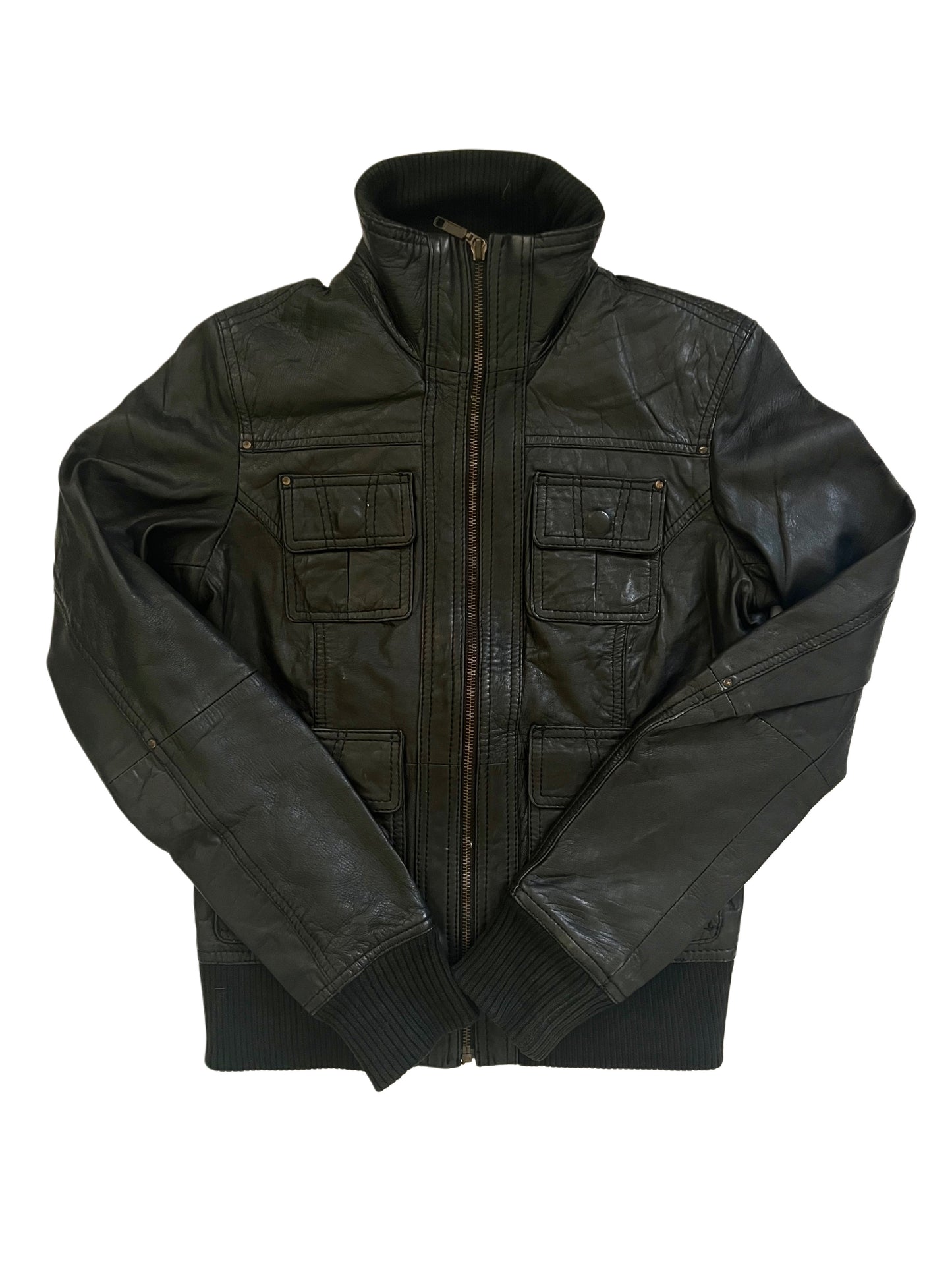 ASHLEY - Blouson vintage en cuir véritable noir – Taille 38