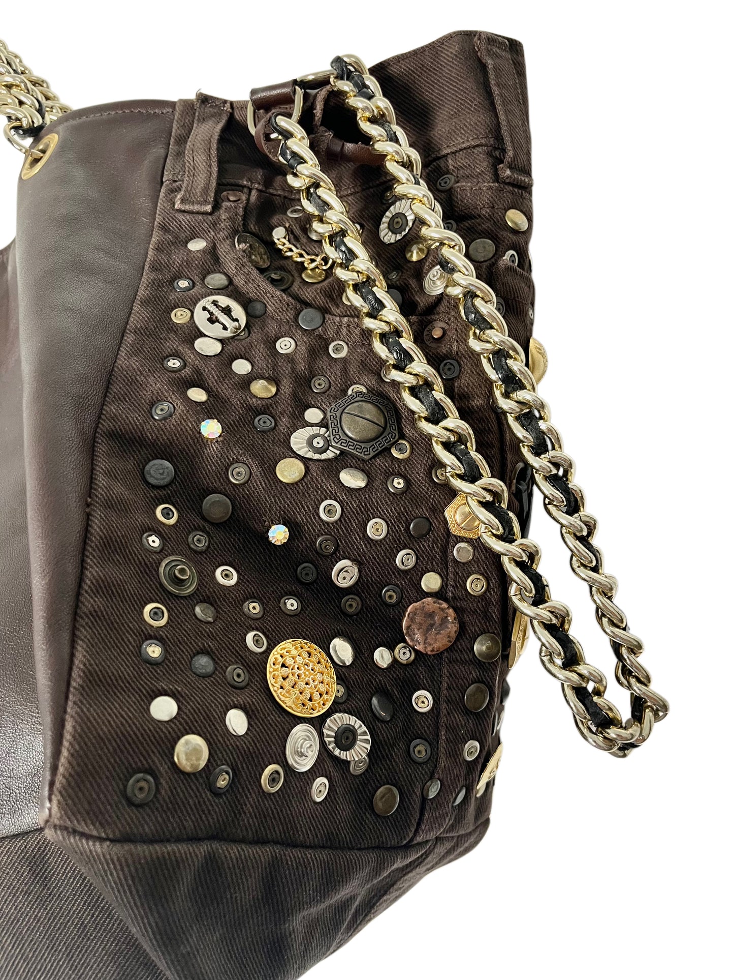 Grand sac bi-matière cuir & denim clouté — Très bon état — Format XL