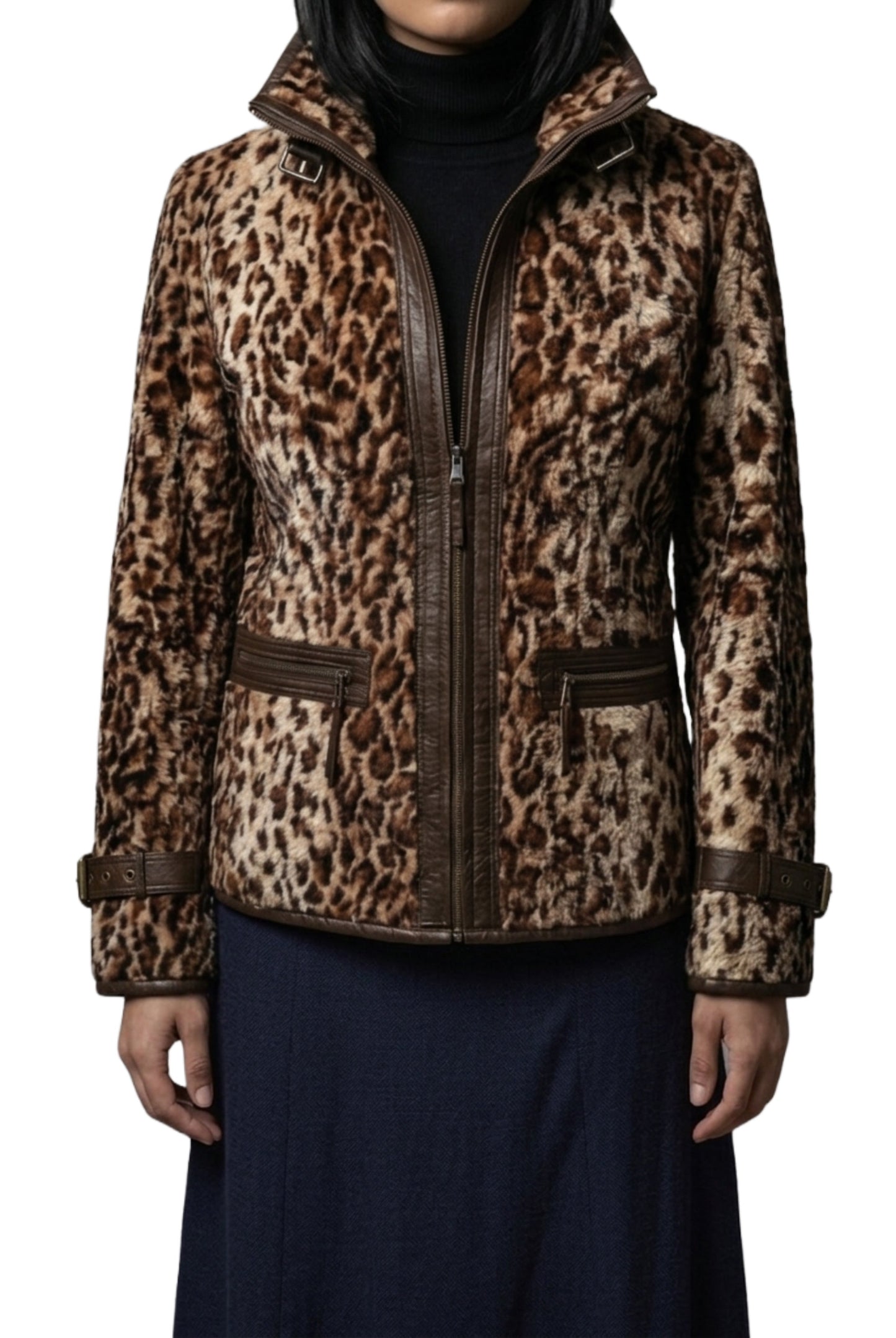 Veste ajustée vintage en fausse fourrure léopard — détails similicuir — taille 38/M