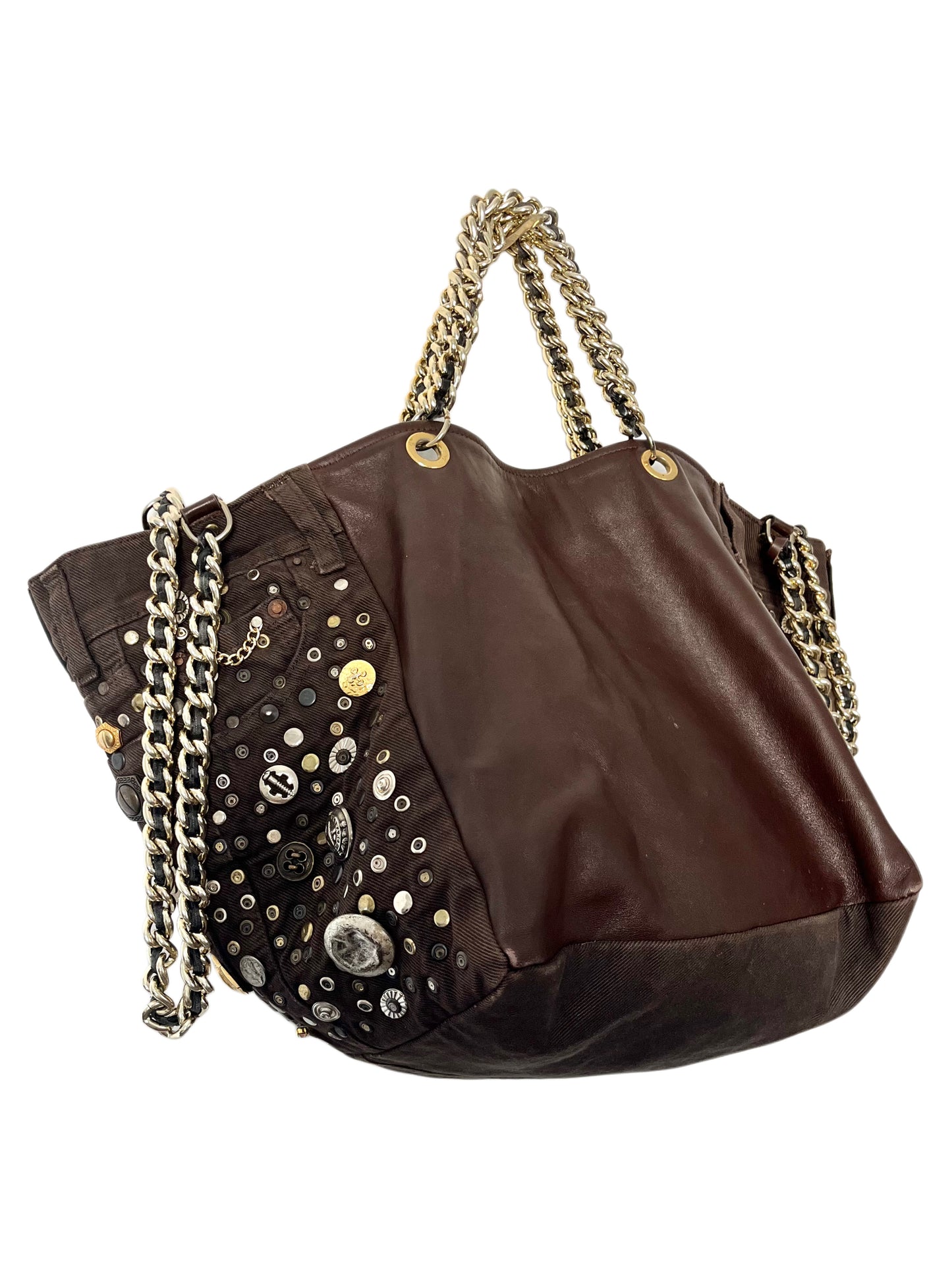 Grand sac bi-matière cuir & denim clouté — Très bon état — Format XL