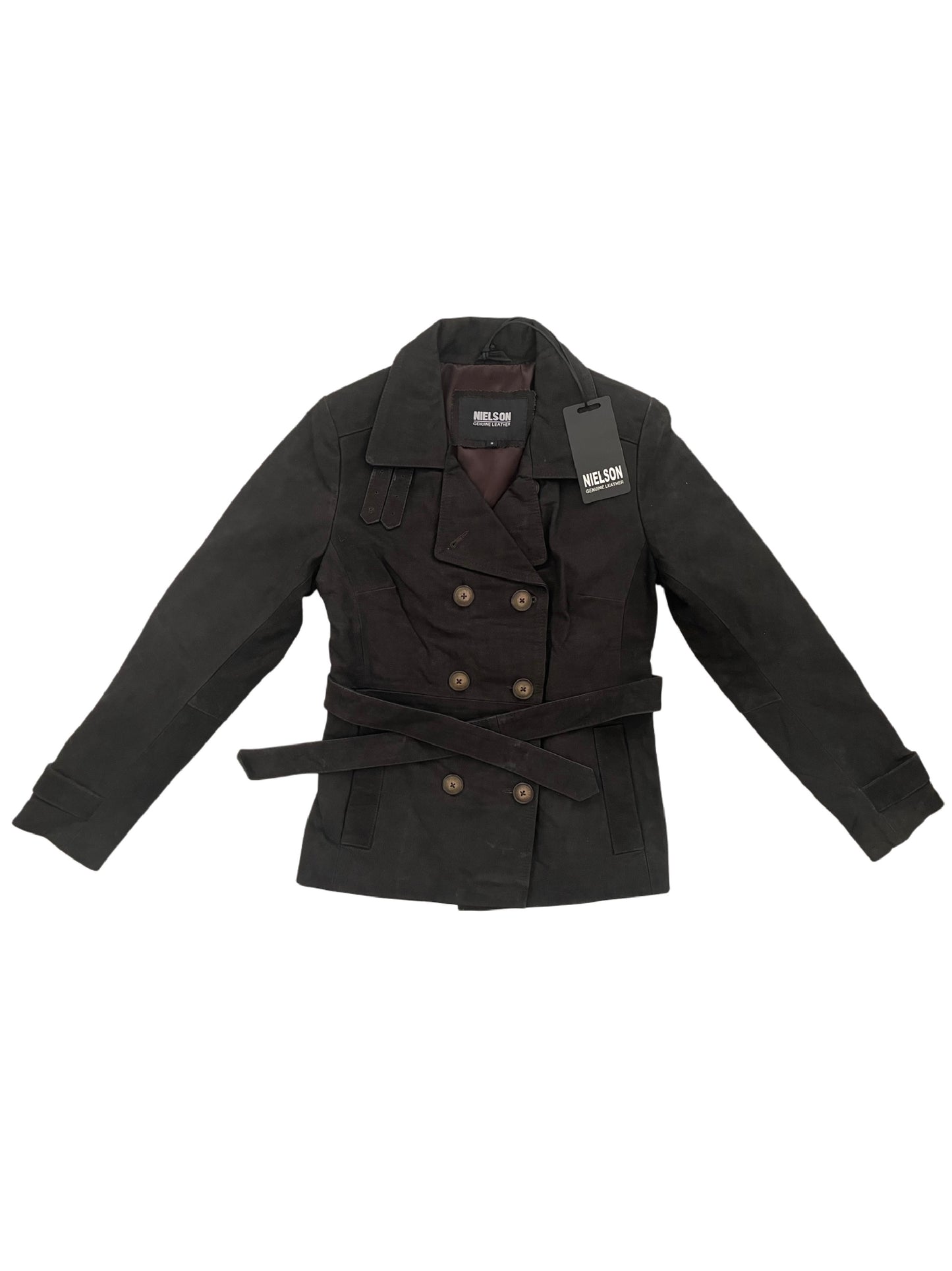 Lara – Veste caban vintage en cuir nubuck noir mat avec ceinture, taille 38