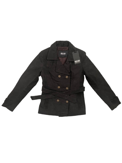 Lara – Veste caban vintage en cuir nubuck noir mat avec ceinture, taille 38