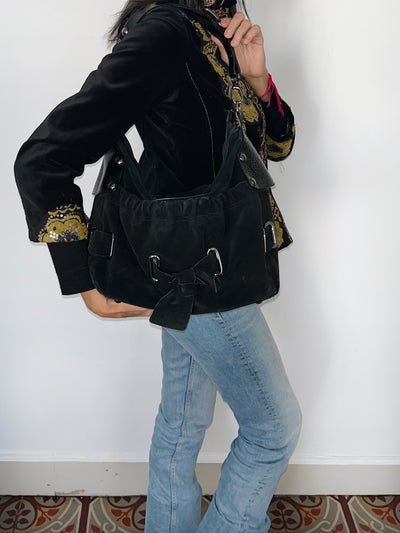 Sac à main demi-lune en cuir daim noir & cuir vernis