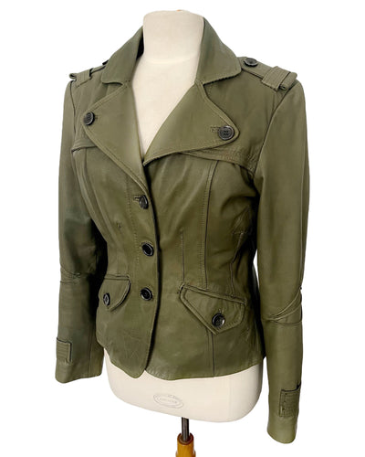 Veste vintage en cuir véritable kaki – Coupe caban cintrée – Taille 40/42