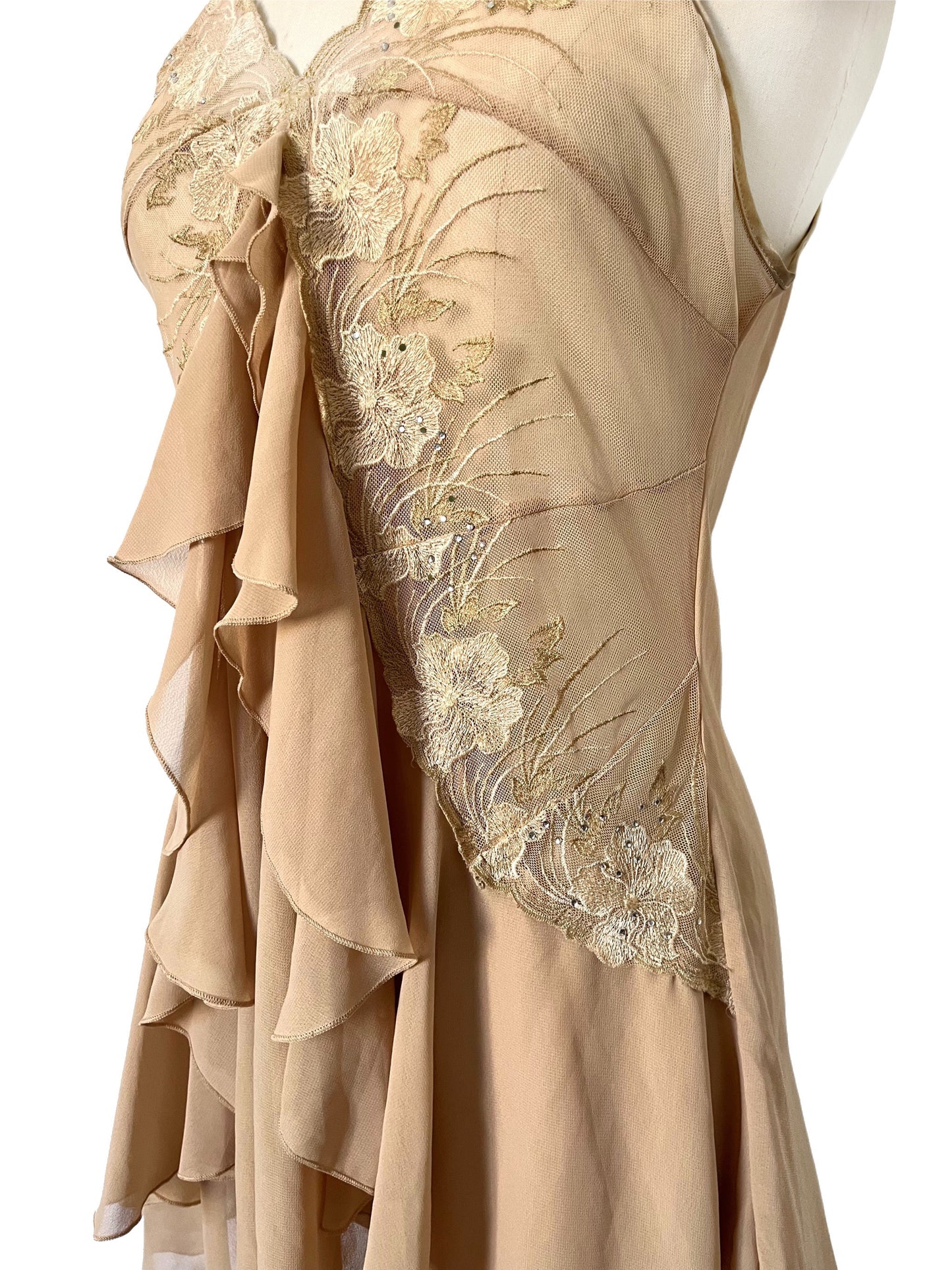 Robe Style Lingerie en Mousseline Beige — 34/36 (XS/S) — Dentelle, Strass & Dos Corset — Style Coquette / Fairycore Y2K