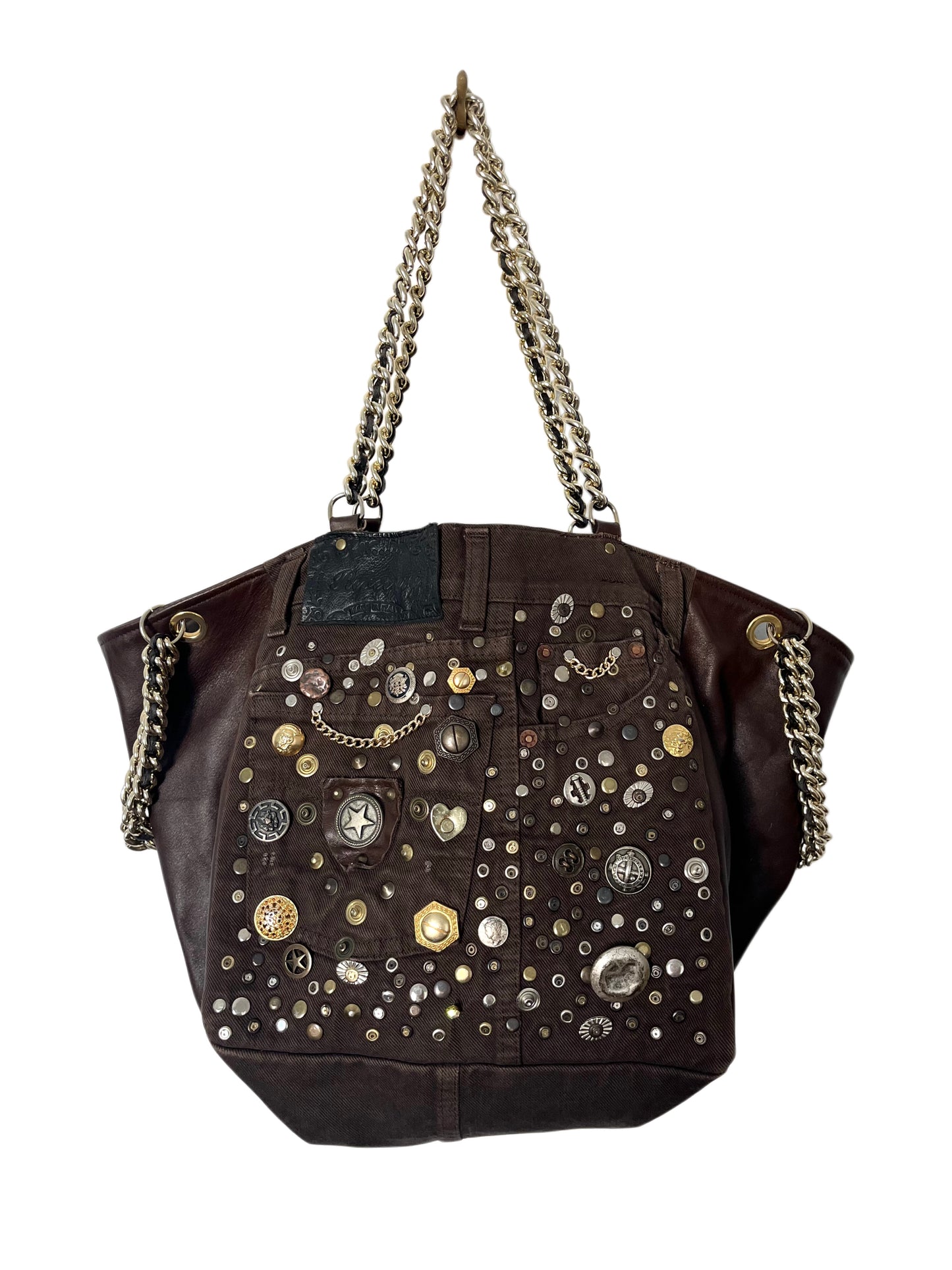 Grand sac bi-matière cuir & denim clouté — Très bon état — Format XL