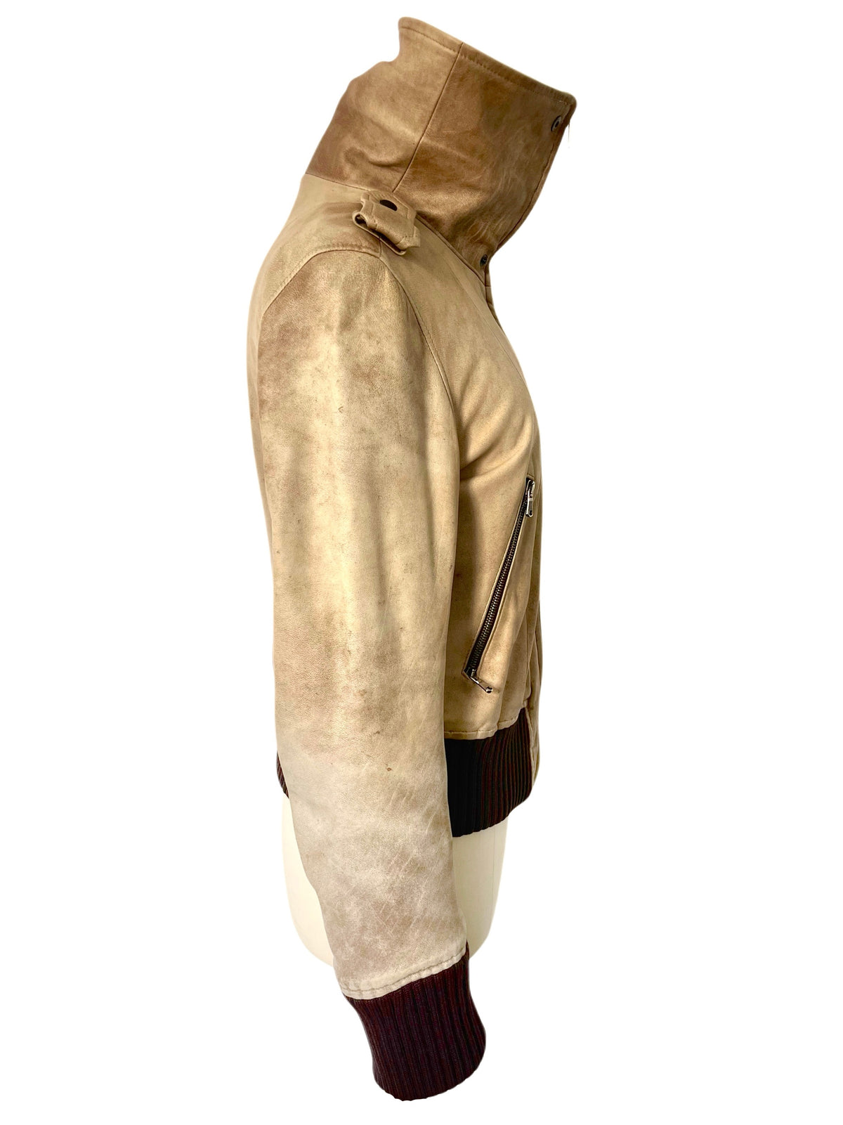 Blouson Aviateur Vintage Cuir Beige Patiné Col XXL — T. 40/42 (46 IT) — Made in Italy
