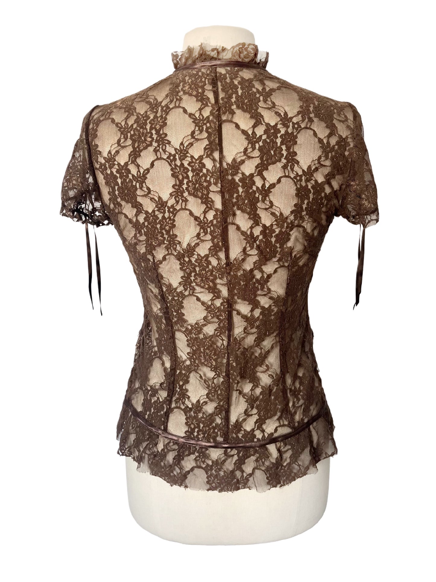 Top Vintage En Dentelle Marron & Biais Satinés — (Made In Poland) — Taille L/40